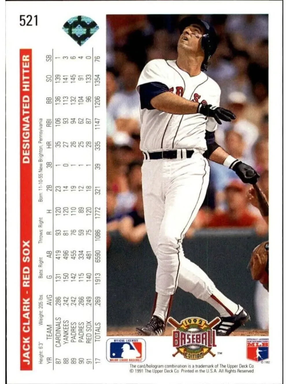 Jack Clark 1992 Upper Deck MLB #521 Baseball Card Boston Red Sox